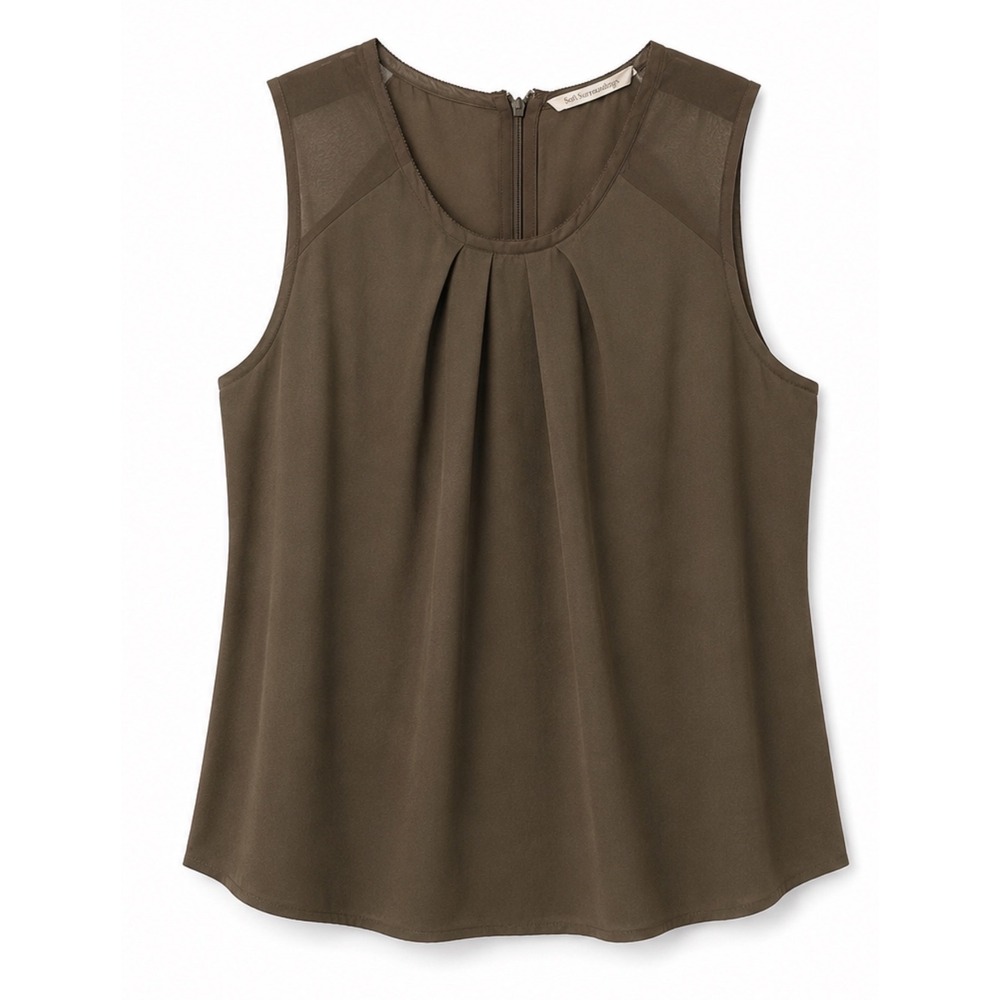 Soft Surroundings Sleeveless Pleated Blouse Brown Olive Mesh Shell Top Womens